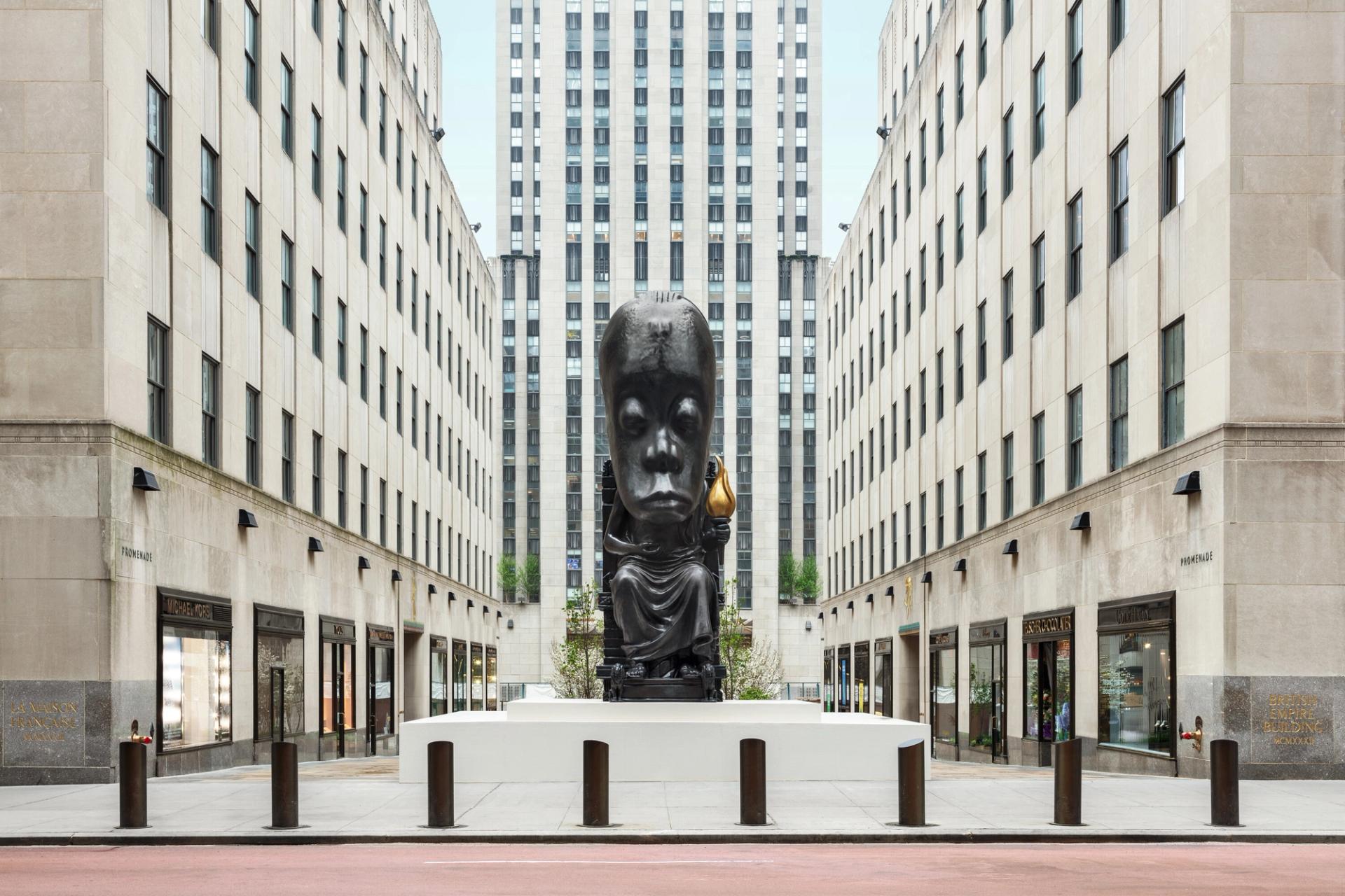 Installation view of Biggers’s bronze sculpture “Oracle” (2021) at Rockefeller Center in New York City. (Courtesy the artist and Marianne Boesky Gallery)