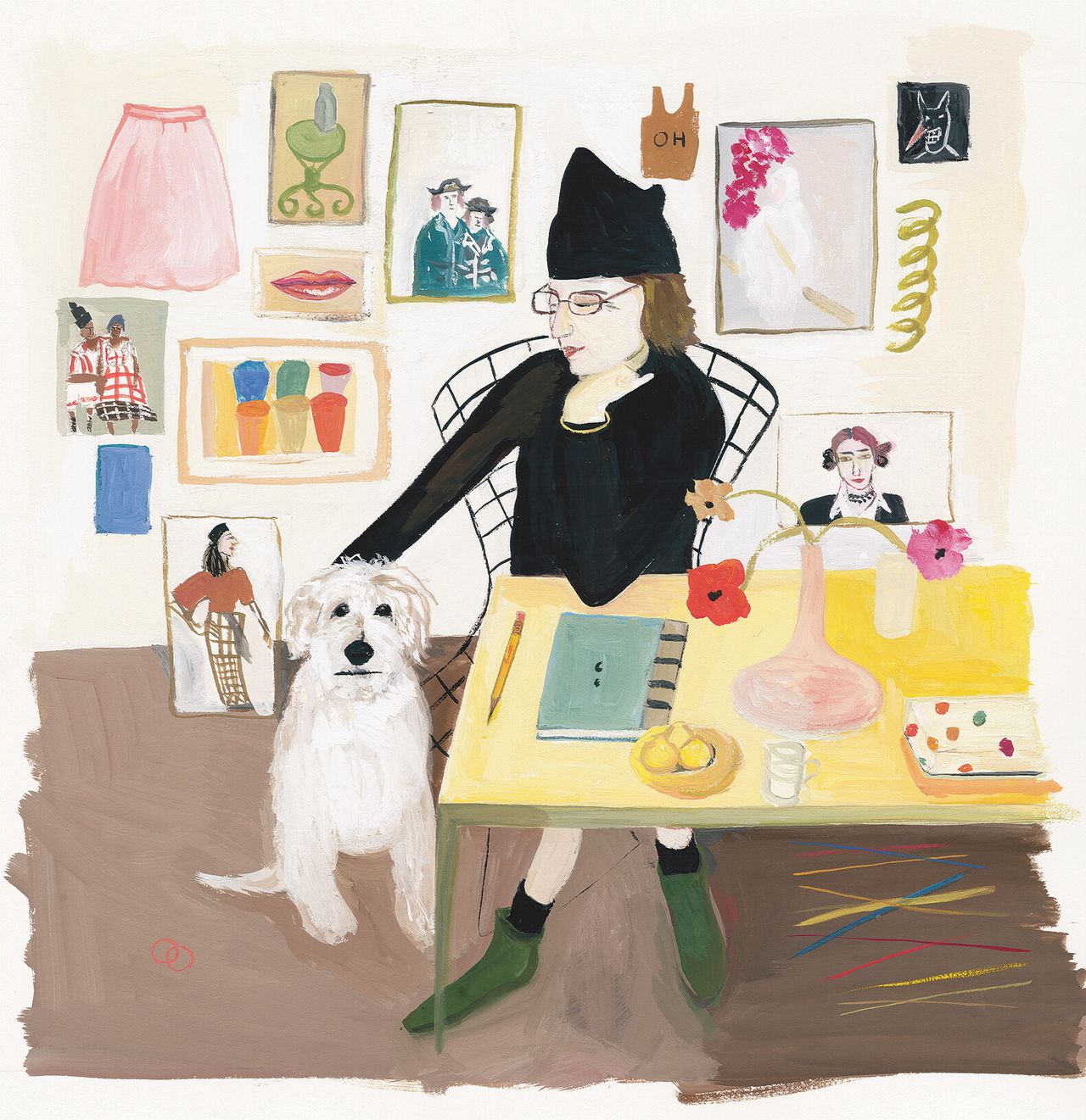 Illustration of a woman with a dog in an office