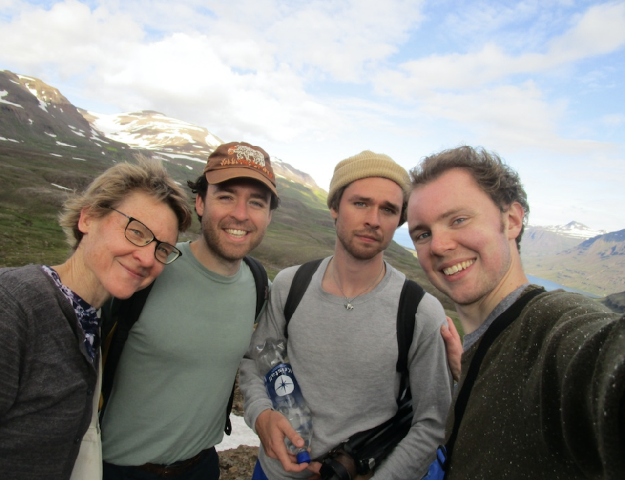 Bjornerud (left) and her sons in Sey∂isfjör∂ur, Iceland, in 2021, surrounded by basalt. (Courtesy Marcia Bjornerud)