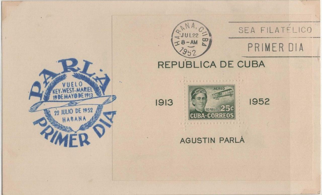 An envelope with the Cuban First Day Cover Stamp, issued to commemorate the 30th anniversary of the Key West-Mariel flight of Augustin Parlá. (Courtesy José Parlá)