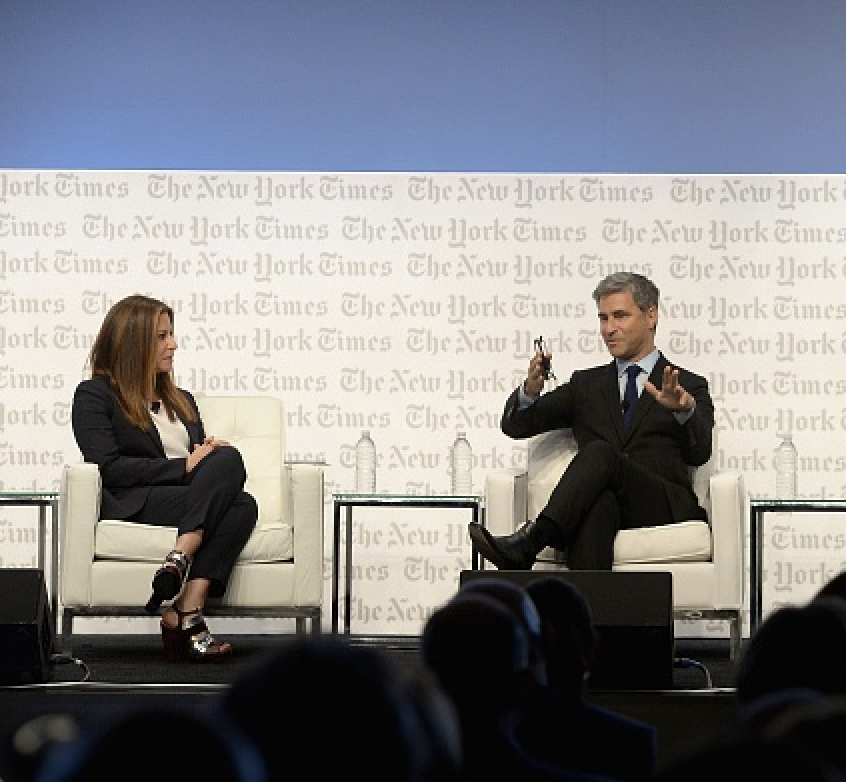 Needleman interviewing Michael Govan, director of the Los Angeles County Museum of Art, at the first New York Times Luxury Conference, which she co-hosted with Vanessa Friedman in 2014. (Courtesy Deborah Needleman)