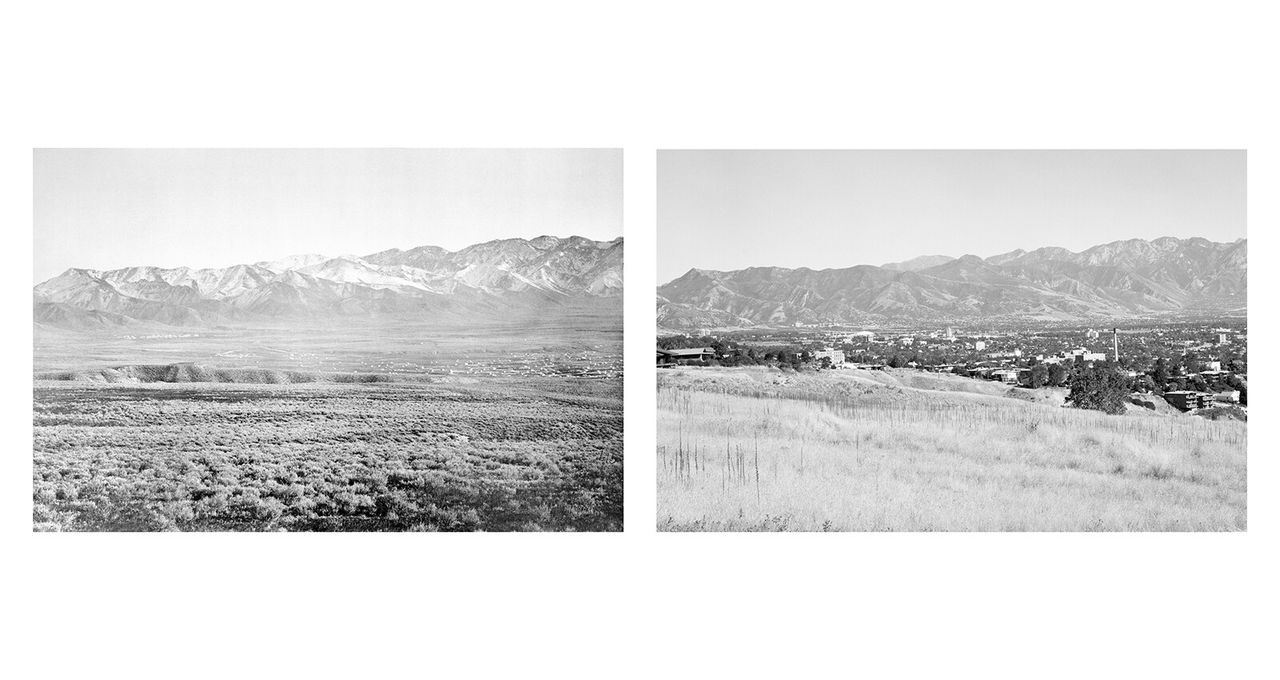 Left: Camp Douglas in Utah, photographed by Timothy O'Sullivan in 1896. Right: Camp Douglas photographed by Gordon Bushaw for the Rephotographic Survey Project in 1978. (Courtesy Mark Klett)