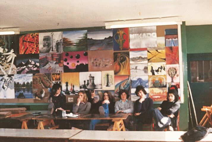 Saville (far right) and classmates including Malcolm Garrett (third from left) in the art room at St. Ambrose College in Manchester in 1972. (Courtesy Peter Saville)