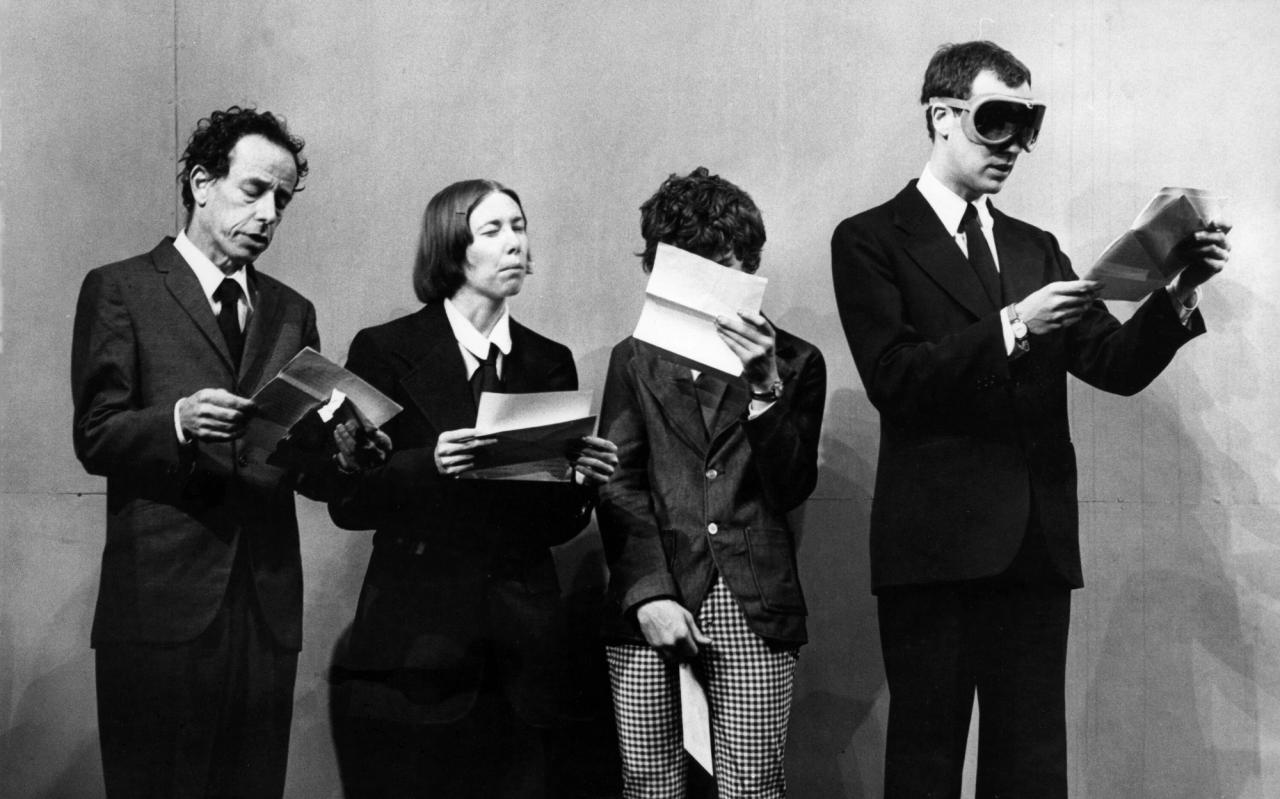 From left to right: Stefan Brecht, Kathryn Cation, Christopher Knowles, and Robert Wilson in a performance of A Letter for Queen Victoria, directed by Wilson. (Photo: Beatrice Heyligers)