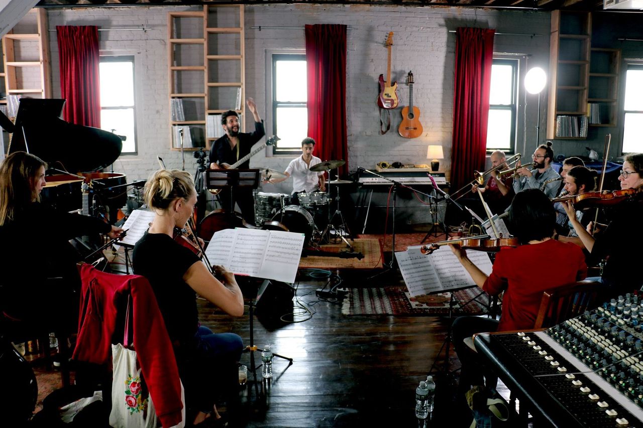 Broza rehearsing Tefilah with his musicians. (Courtesy David Broza)