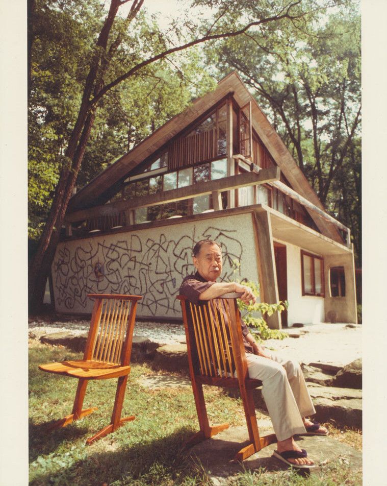 George Nakashima in front of the Arts Building at the the George Nakashima Woodworkers complex in New Hope, Pennsylvania. (Courtesy of Nakashima Foundation for Peace © Ezra Stoller / Esto)