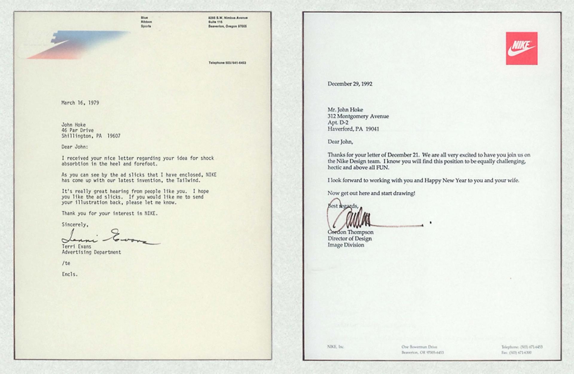 Left: The letter Hoke received in reply to the letter he wrote Nike at 12 years old. Right: The letter Hoke received when he was officially hired by Nike in 1992. (Courtesy Nike)