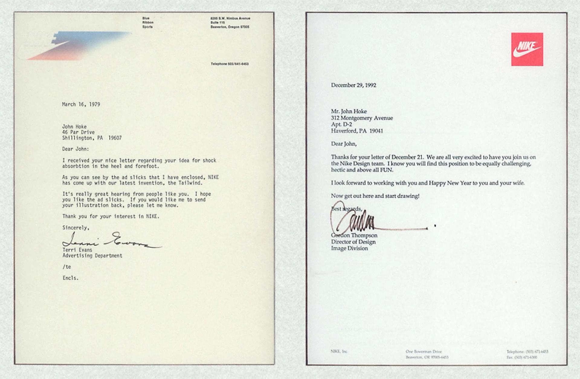 Left: The letter Hoke received in reply to the letter he wrote Nike at 12 years old. Right: The letter Hoke received when he was officially hired by Nike in 1992. (Courtesy Nike)