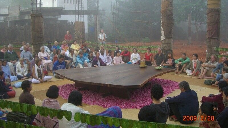 The dedication ceremony for George Nakashima’s peace altar in Auroville, India, in 2009. (Courtesy George Nakashima Woodworkers)