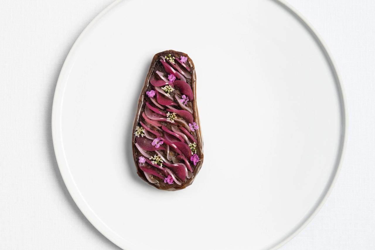 “Roasted and Grilled Eggplant with Shiso and Coriander” from Eleven Madison Park’s summer tasting menu.(Courtesy Daniel Humm)