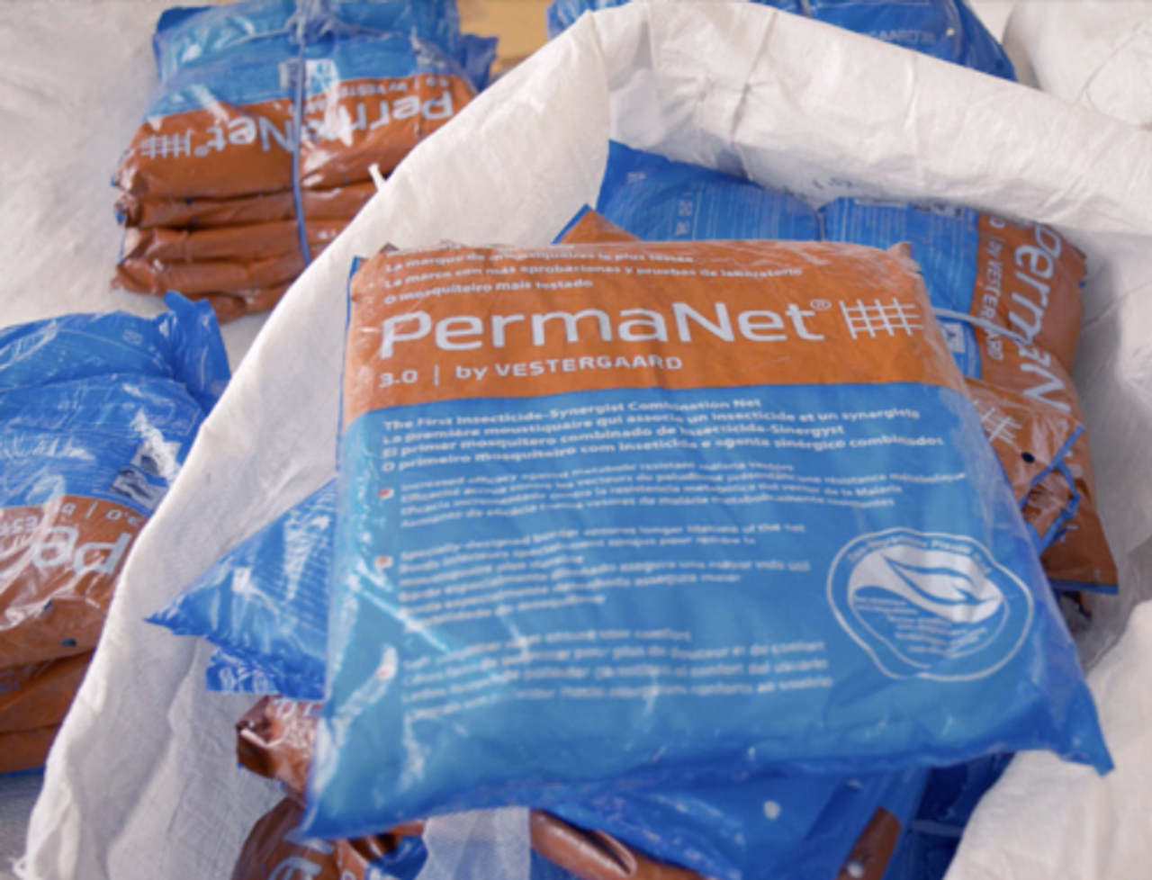 PermaNet 3.0 bed nets awaiting distribution. (Courtesy Vestergaard)