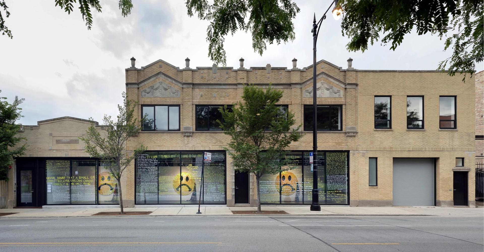 “Letters to the World Toward the Eradication of Racism,” one part of Cave and Faust’s “Amends” project in the aftermath of George Floyd’s murder, as displayed on the windows of Facility in Chicago. (Photo: James Prinz. Courtesy the artist and Jack Shainman Gallery)