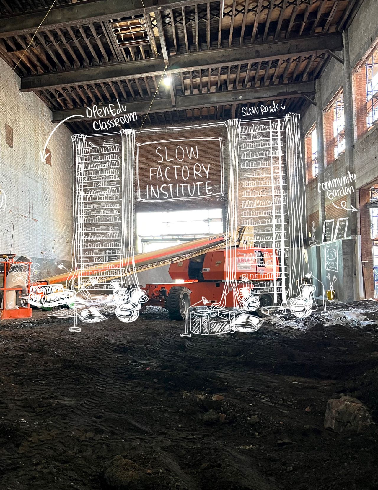 A sketch of the plan for the Slow Factory Institute over a photo of the space mid-construction. (Illustration: Paloma Rae. Courtesy Slow Factory)