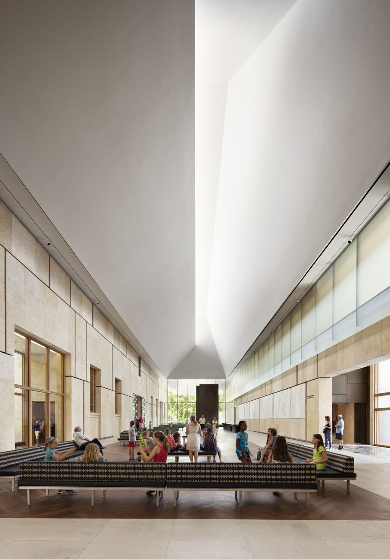 A view inside the Barnes Foundation with a vertical skylight in the ceiling
