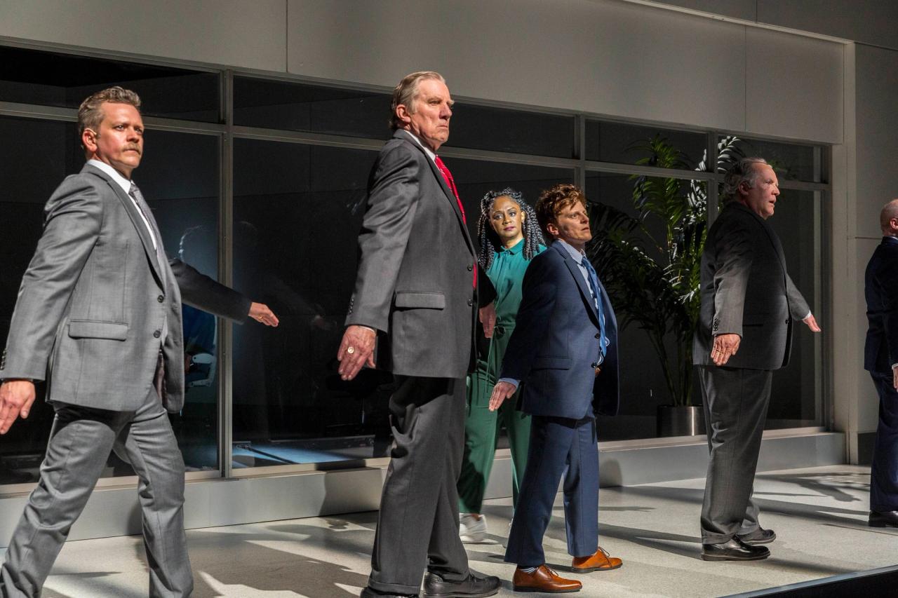From left to right: Tom O’Keefe, Nick Wyman, Jess Barbagallo, April Matthis (Narrator), and David Beach in Rankine’s play Help, 2022. (Photo: Kate Glicksberg. Courtesy The Shed.)