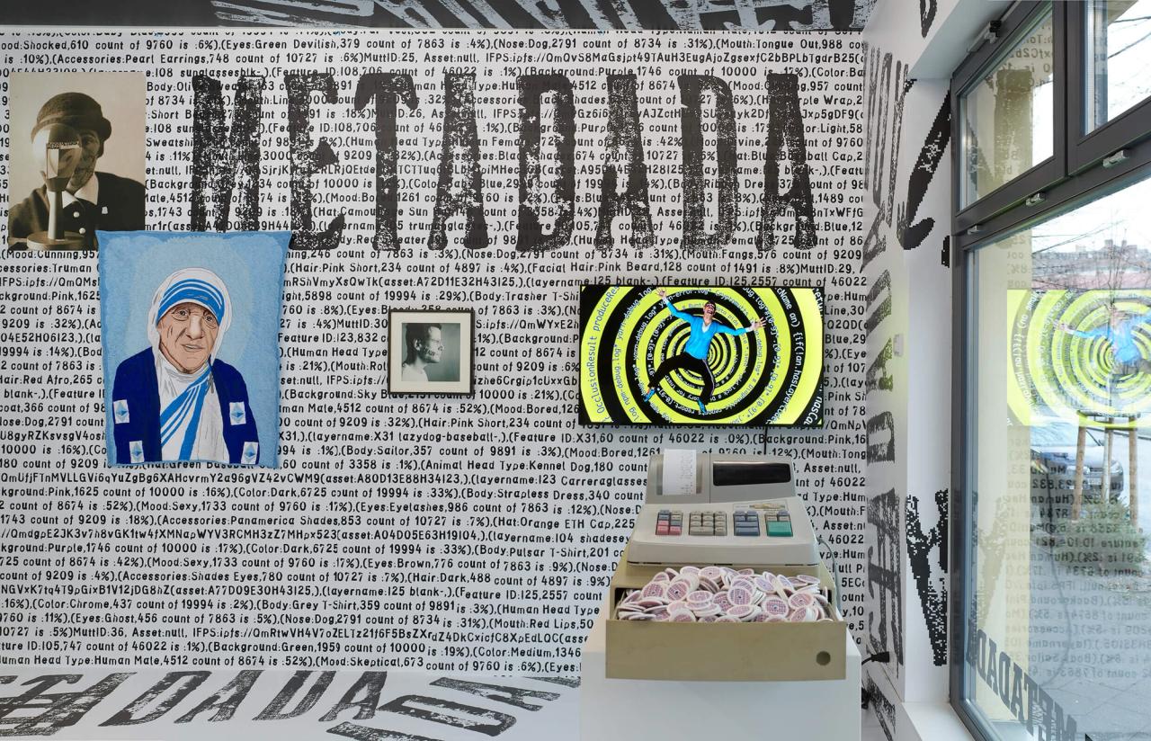 Schachter’s recent exhibition “Metadada” at the Nagel Draxler Crypto Kiosk in Berlin. (Photo: Simon Vogel. Courtesy the artist and Galerie Nagel Draxler Berlin/Cologne/Munich)