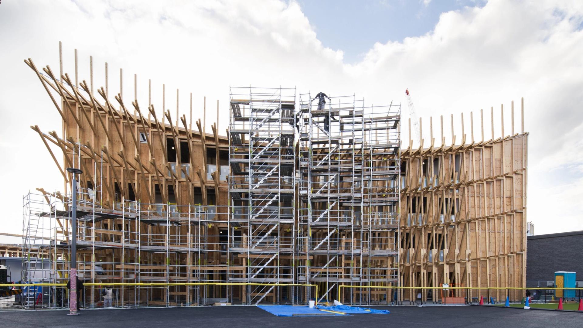 Exterior view of the Bahrain Pavilion “Anatomy of a Dhow” during construction at the 2025 Osaka Expo in Japan. (Photo: William Mulvihill. Courtesy Lina Ghotmeh)