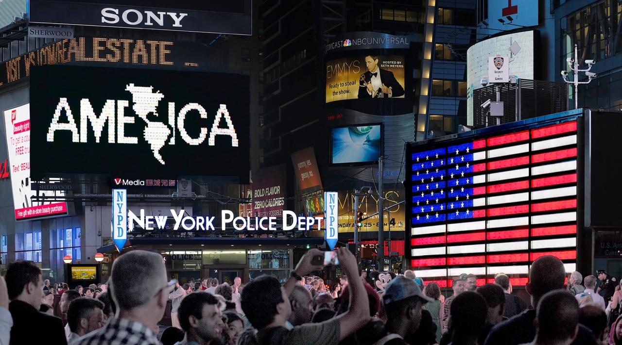 Jaar’s piece “A Logo for America” (1987) displayed in Times Square. (© Alfredo Jaar, Courtesy Galerie Lelong & Co. and the artist, New York)