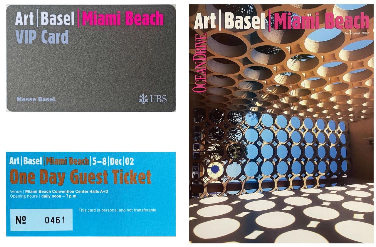 Clockwise from top: The 2002 Ocean Drive cover debuts Art Basel Miami Beach; The inaugural 2002 one-day ABMB ticket; An ABMB VIP card. (Ticket and magazine cover photos courtesy Art Basel/Vasari Project)
