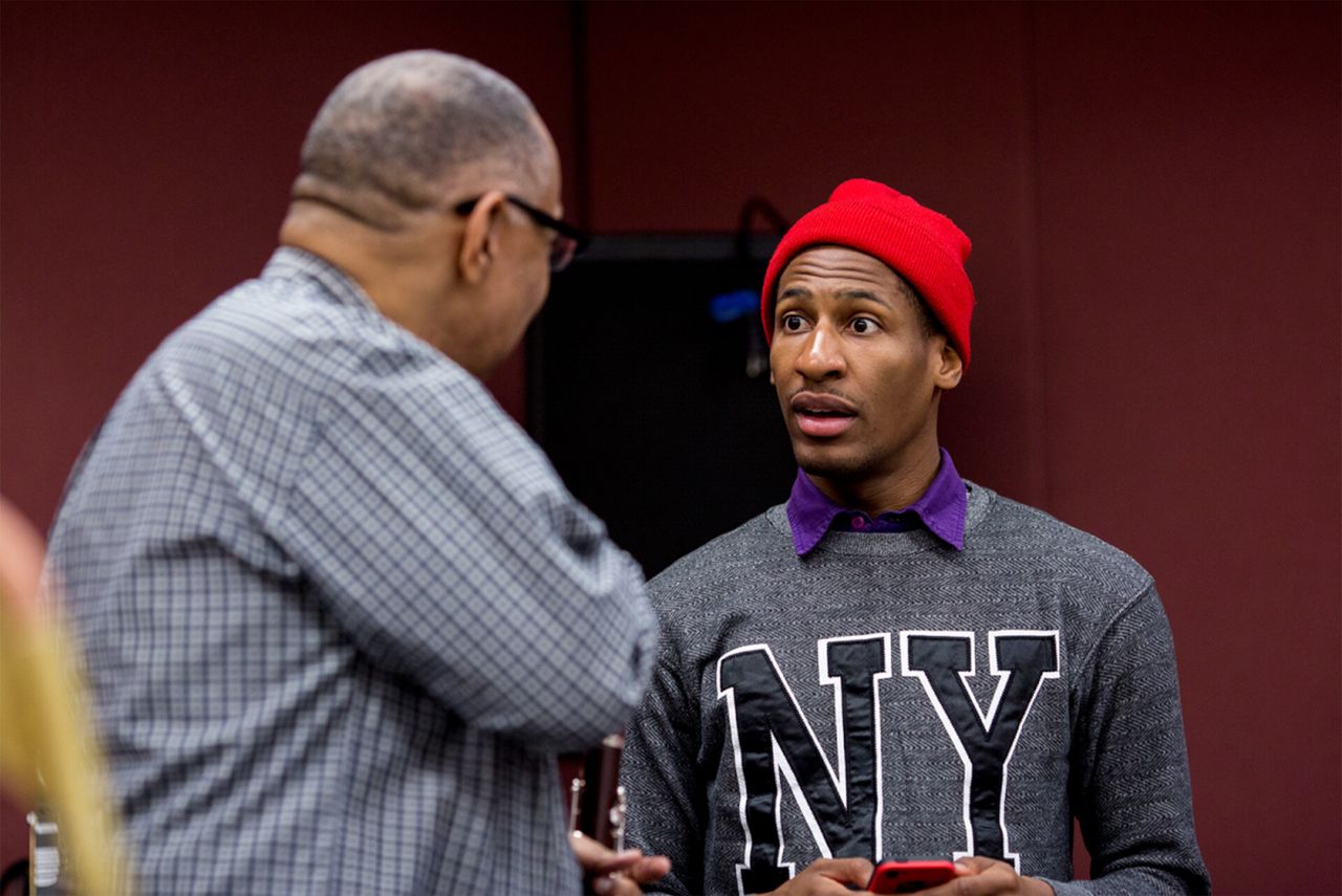Marsalis with Jon Batiste at a 2014 rehearsal for Harvard Lecture #6 at Carroll Music, New York City. (Photo: Luigi Beverelli)