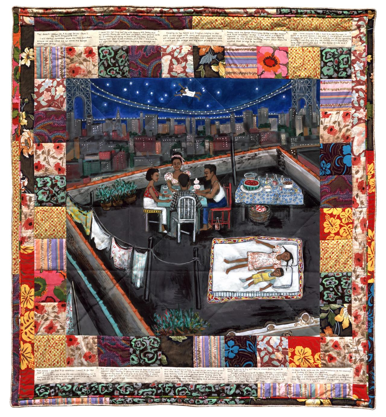 “Woman on a Bridge #1 of 5: Tar Beach” (1998) by Faith Ringgold. (Courtesy the New Museum)