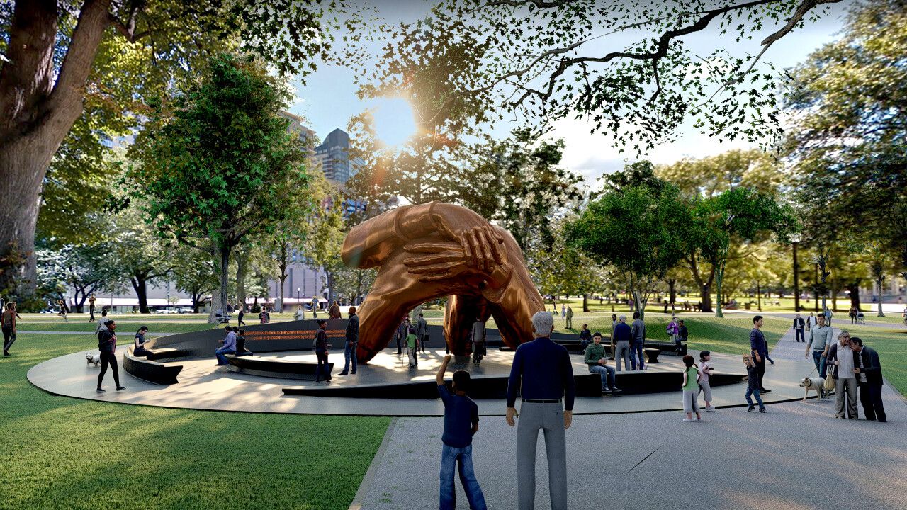 A rendering of Thomas’s sculpture “The Embrace” (2023) made in collaboration with MASS Design Group. (Courtesy the artist)