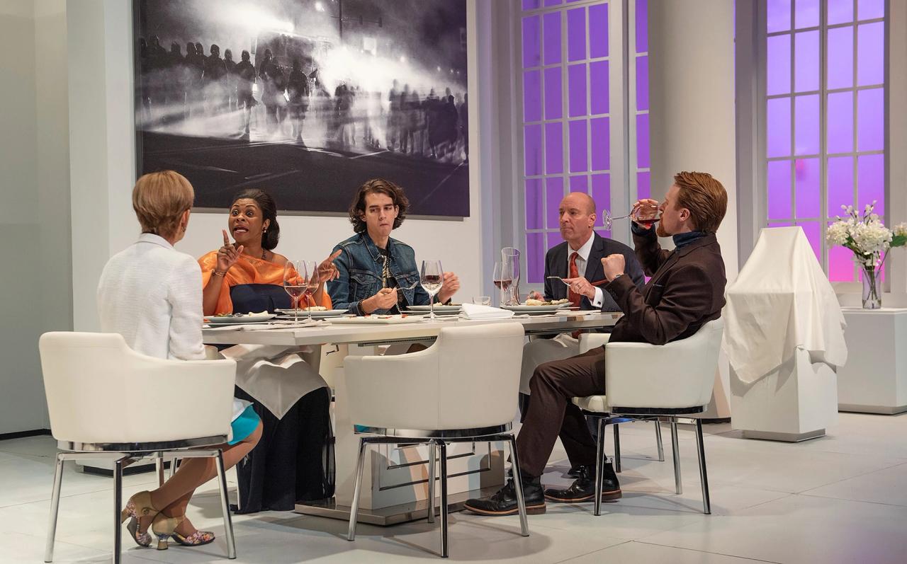 A scene from Rankine’s play The White Card. Actors from left to right: Barbara Sloan, Rita Cole, Joshua Hernandez, Tom Wahl, and Iain Batchelor. (Photo: Magnus Stark. Courtesy GableStage)