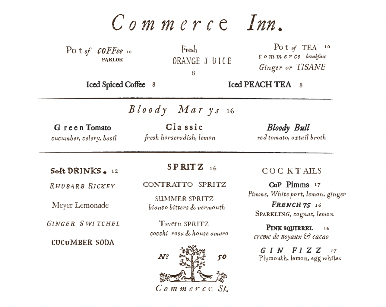 A brunch cocktail menu at The Commerce Inn, from July 2024.