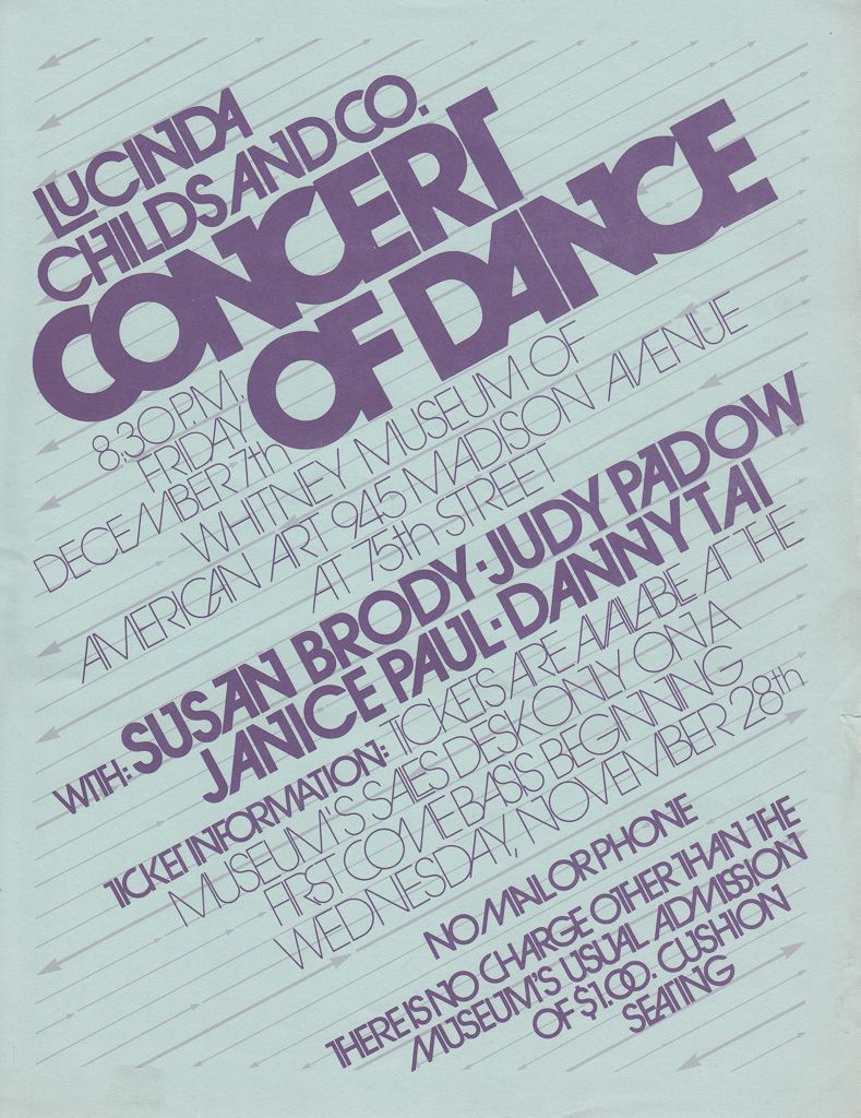 The program cover for the Lucinda Childs Dance Company’s performance at the Whitney Museum of American Art in 1973. (Courtesy Lucinda Childs and The Pew Center for Arts & Heritage)
