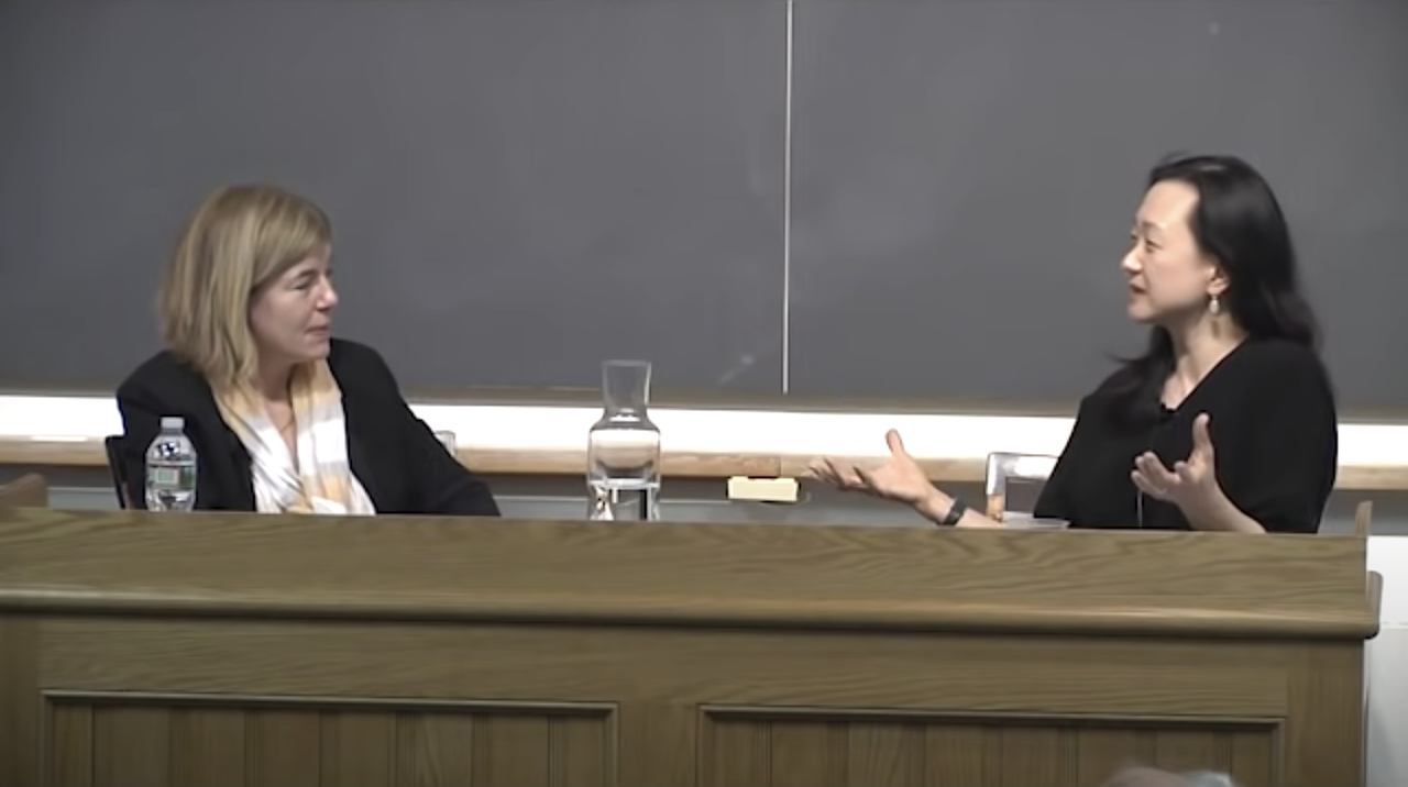 Lee (right) speaking with Claire Messud (left) at Harvard University in 2018. (Courtesy Min Jin Lee)