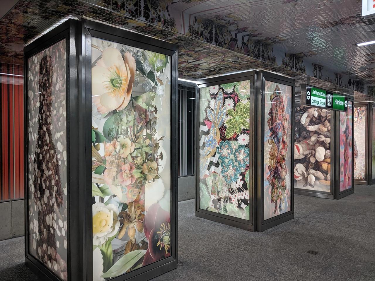 Cave’s installation “Free/Formal” at at the Garfield Green “L” station in Chicago. (Photo: Aron Gent. Courtesy the Chicago Transit Authority)