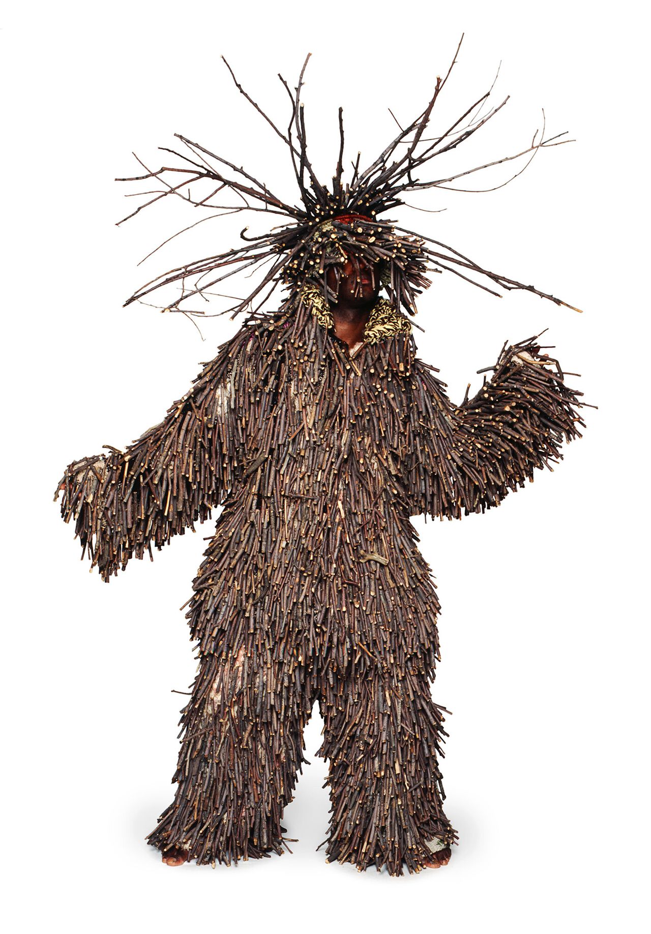 Cave’s first Soundsuit, made of mixed media, including twigs, wire, metal, and mannequin, which he created in 1992 in response to the beating of Rodney King by L.A.P.D. officers. (Courtesy the artist and Jack Shainman Gallery)