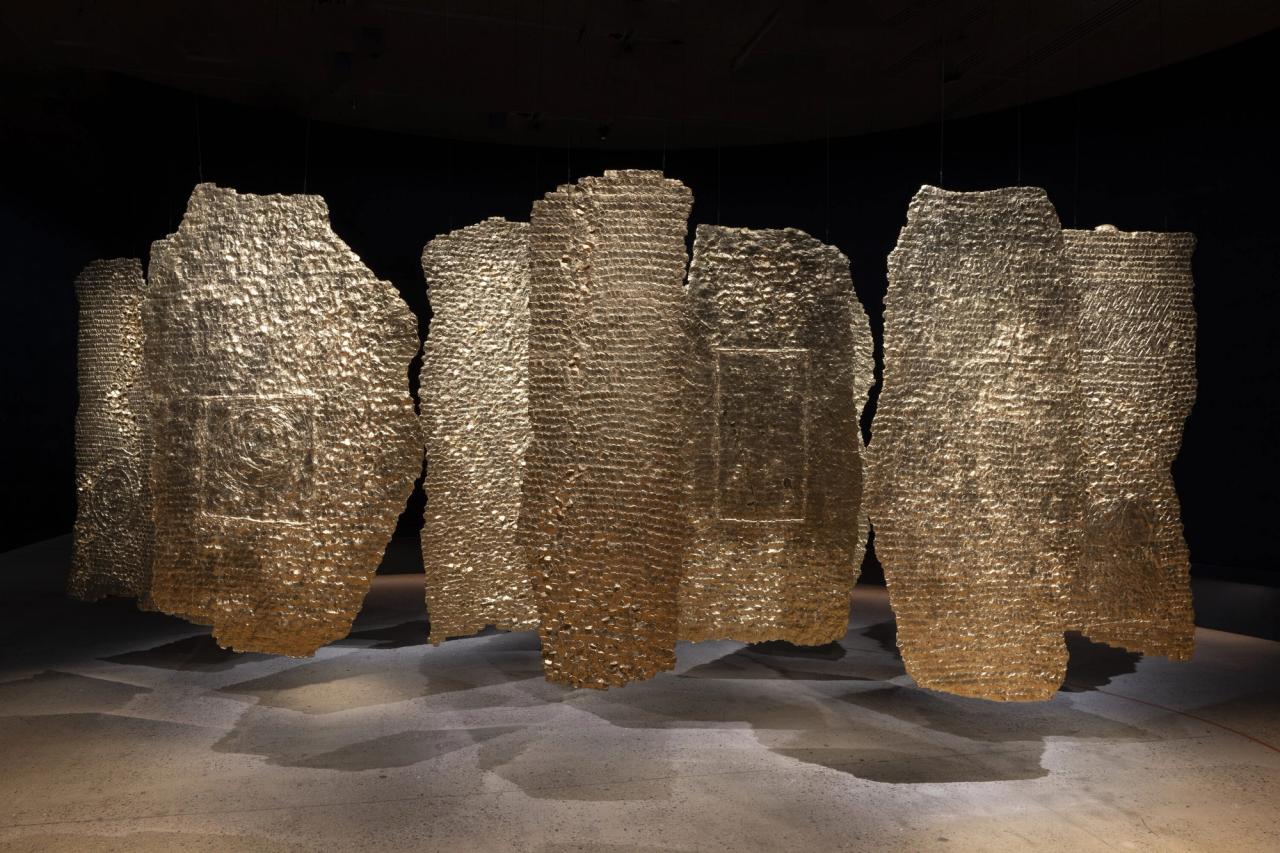 Installation views of "Olga de Amaral" (2024) at the Cartier Foundation in Paris, with architecture and exhibition scenography by Ghotmeh. (Photo: Marc Domage. Courtesy Cartier Foundation)