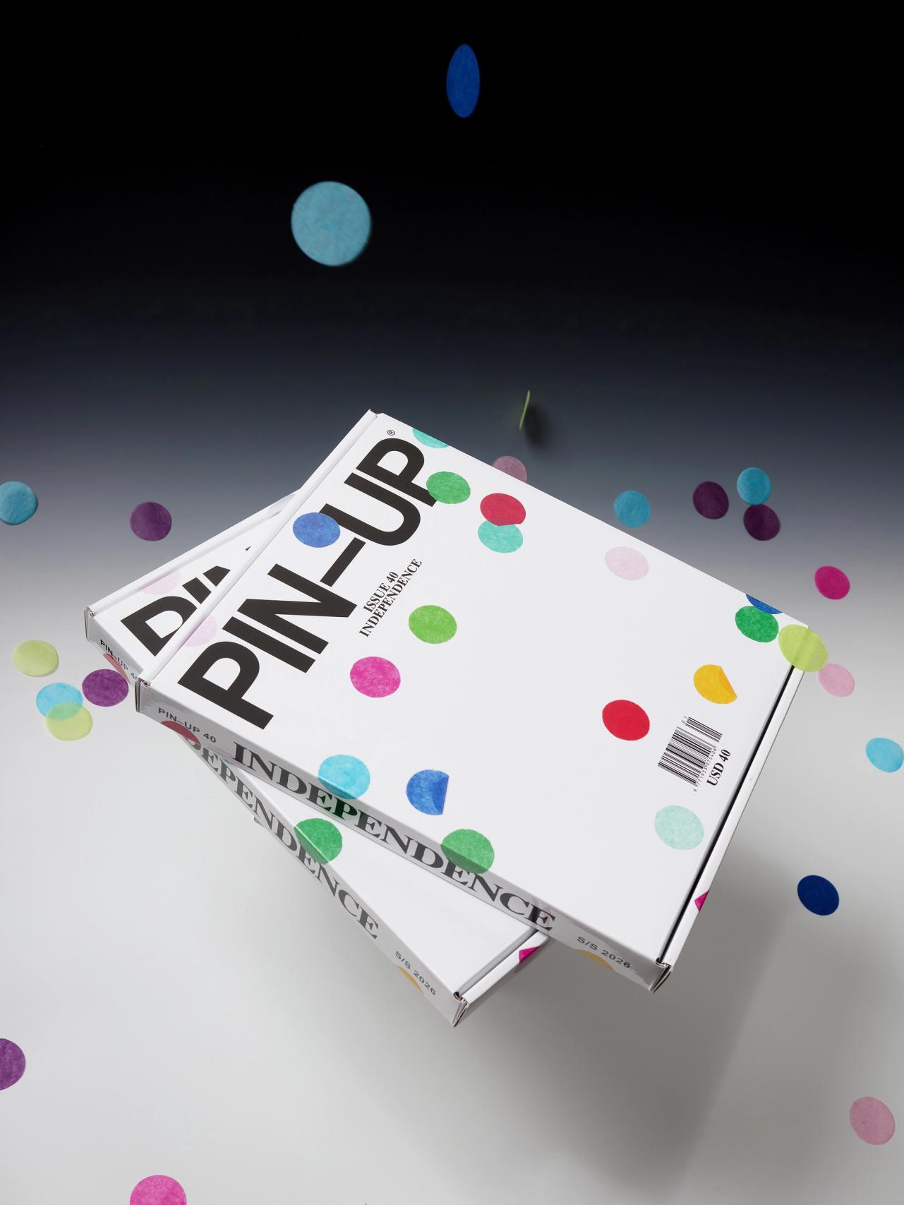 The commemorative box for PIN–UP Issue 40: “Independence” (2026), containing 10 pieces of printed matter. (Courtesy PIN–UP)