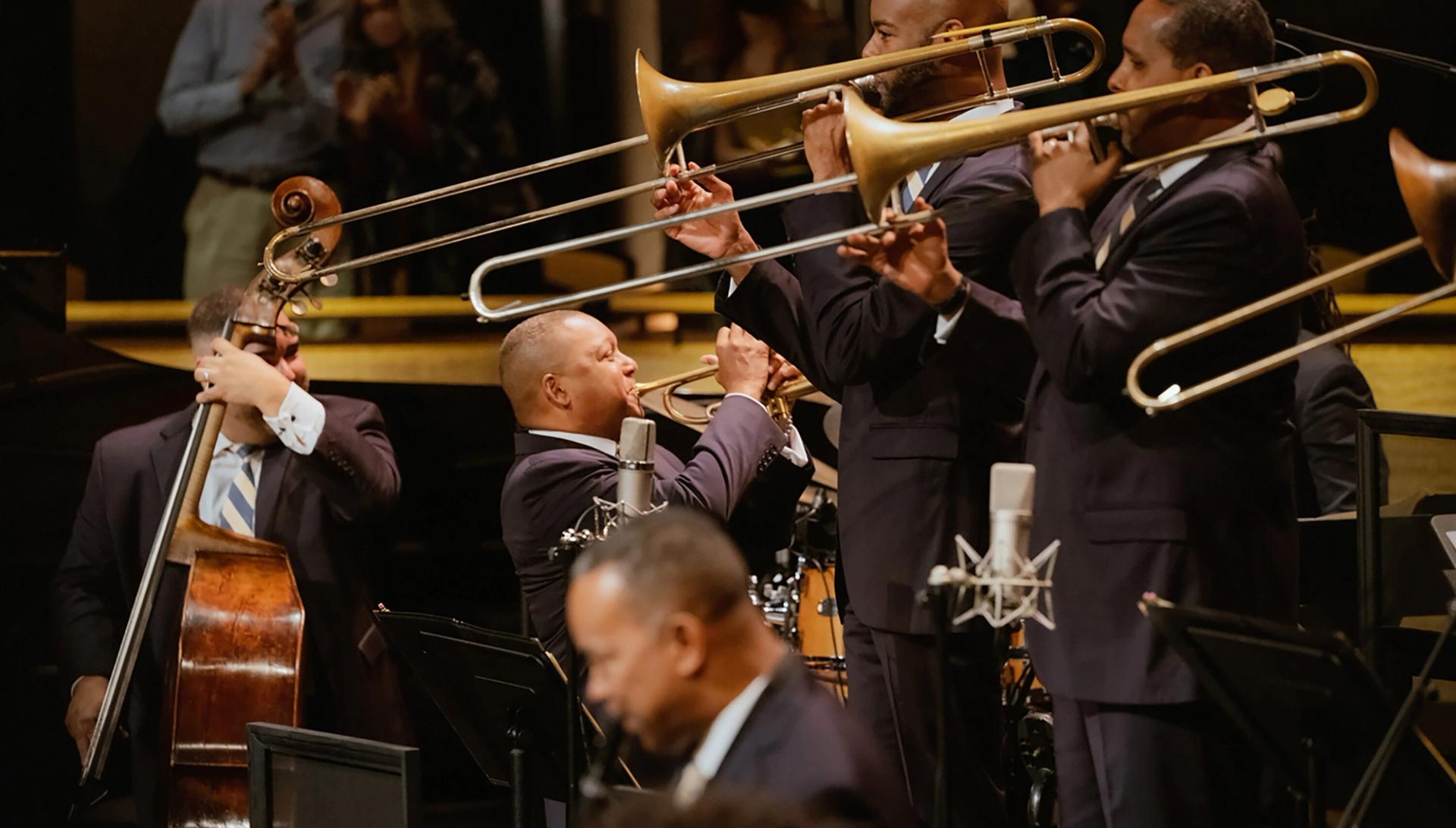 Marsalis (center) playing at Jazz at Lincoln Center’s Fall 2021 opening night concert, Wynton at 60. (Photo: Lawrence Sumulong, Courtesy Jazz at Lincoln Center)
