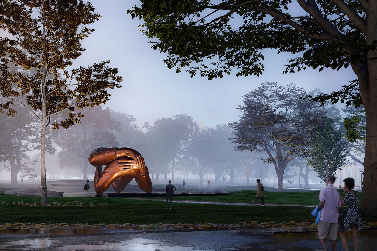 A rendering of MASS Design Group’s installation “The Embrace” in collaboration with Hank Willis Thomas, which depicts an embrace between Dr. Martin Luther King, Jr. and Coretta Scott King. (Courtesy MASS Design Group)