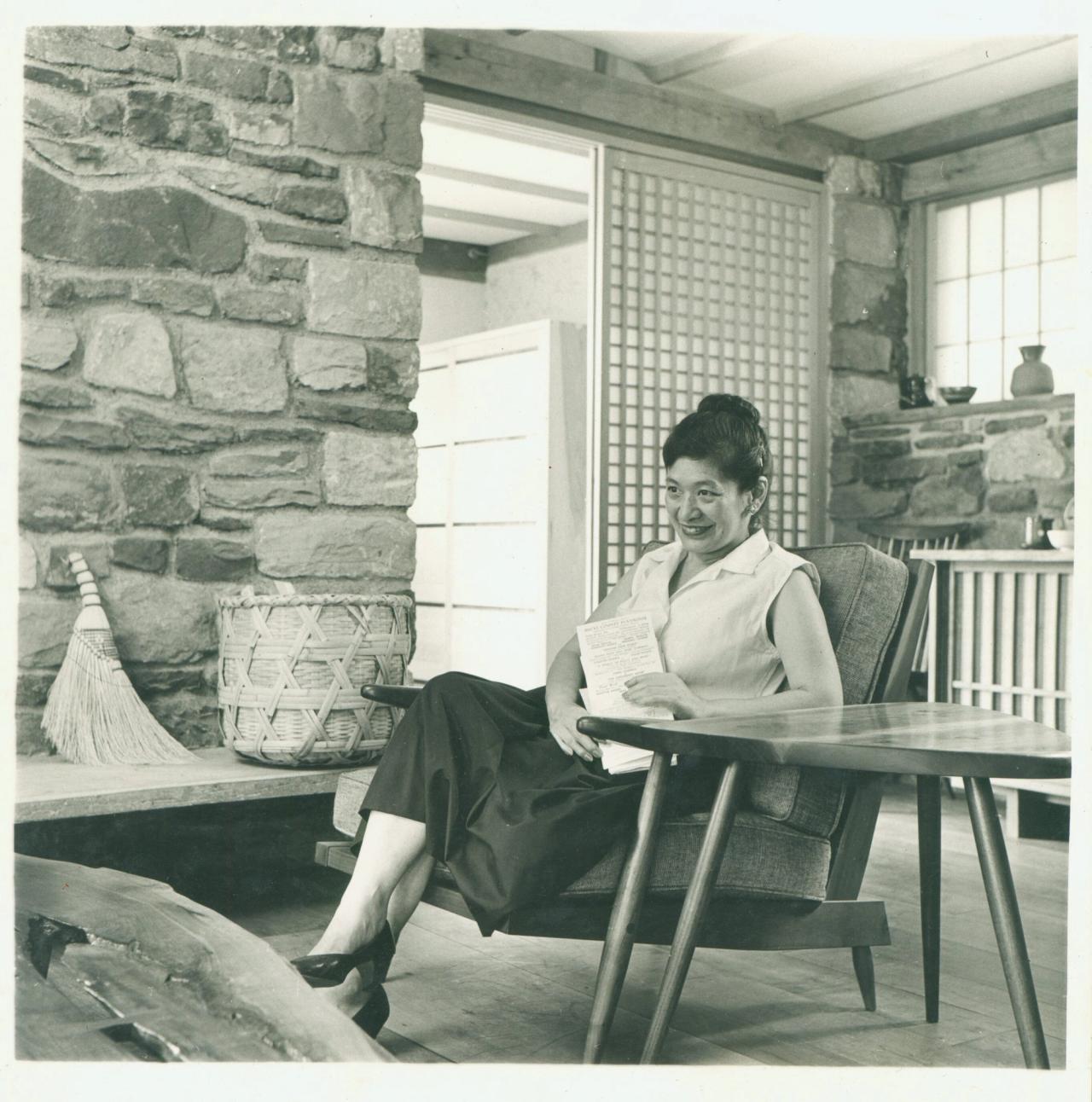 Mira’s mother, Marion Nakashima, in the Reception House. (Courtesy Nakashima Foundation for Peace © Ezra Stoller / Esto)