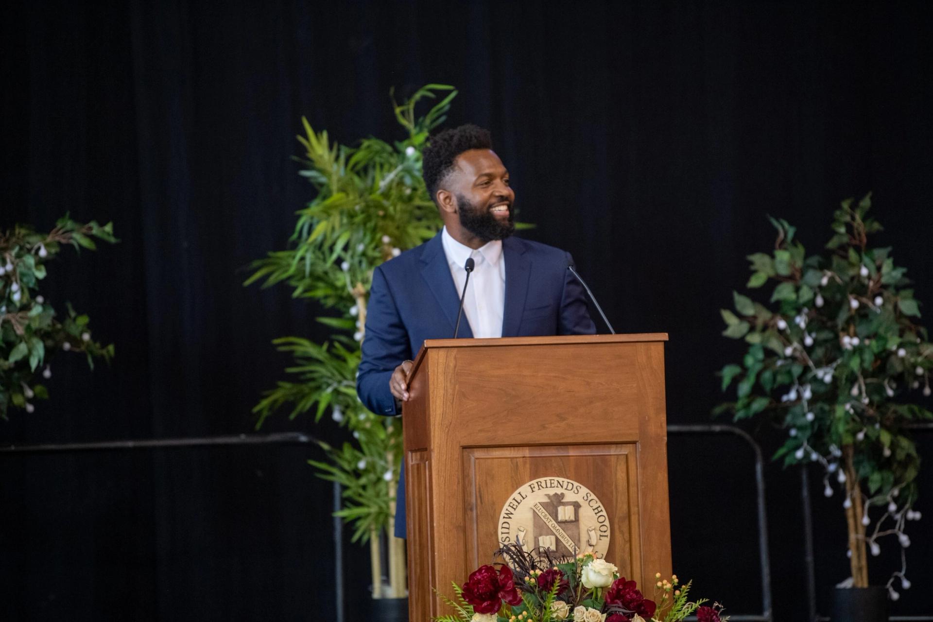 Thurston giving the 2022 commencement speech at Sidwell. (Courtesy Baratunde Thurston)