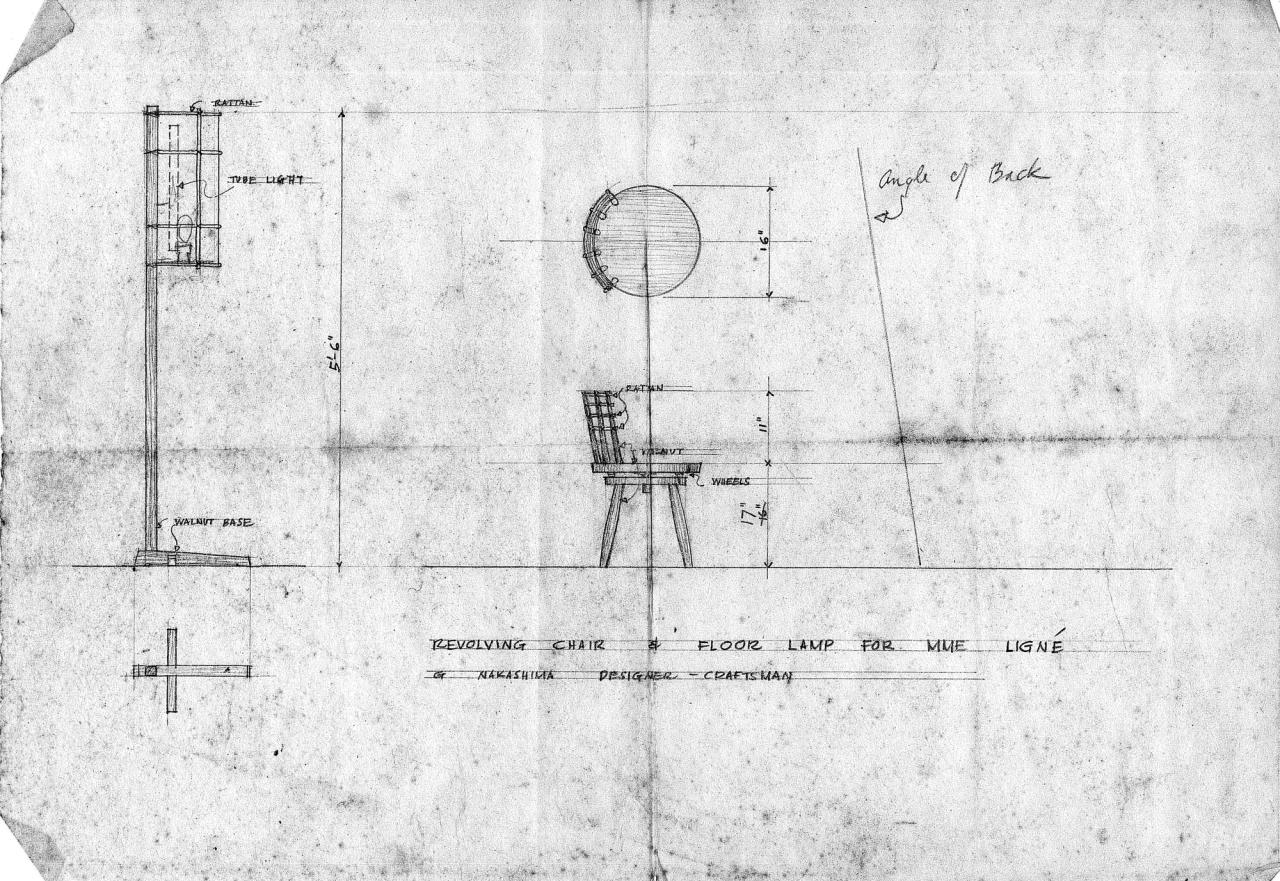 A 1940s sketch of the Ligne Revolving Chair and Floor Lamp by George Nakashima. (Courtesy George Nakashima Woodworkers)