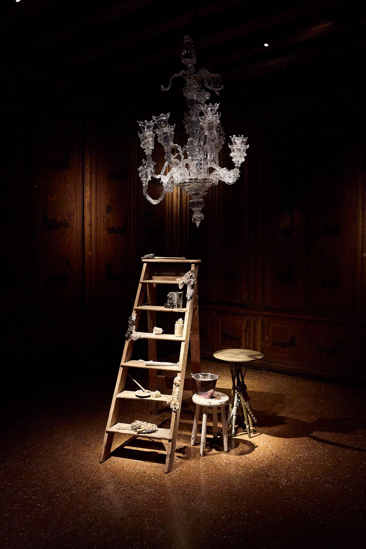 View of the “Precious Ordinary”–themed second floor featuring “Trompe l’oeil” (2026) by Atelier Lachaert Dhanis and, on the ceiling, “Chandelier” (2025) by Alexander Kirkeby. (Photo: Antonio Campanella for The Slowdown/Courtesy Atelier Lachaert Dhanis/Courtesy Alexander Kirkeby and Uppercut)