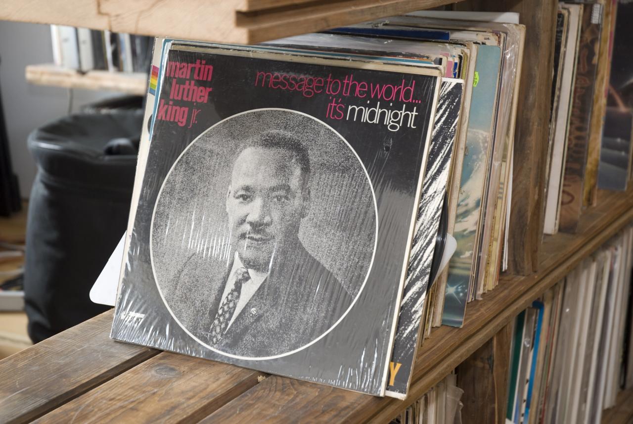 A 1984 spoken word LP featuring recordings of Martin Luther King Jr., part of Gates's Dr. Wax record store vinyl collection. (Courtesy Theaster Gates Studio)