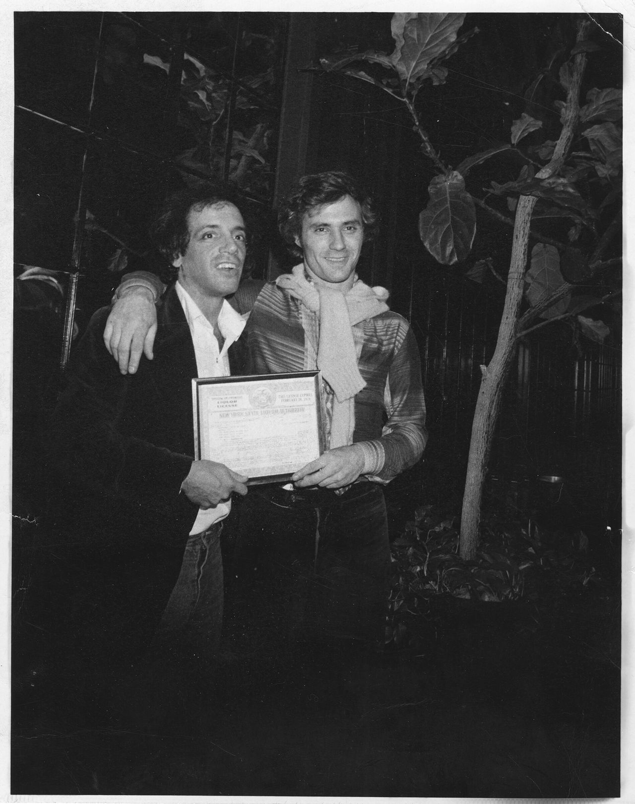 Schrager (right) and Steve Rubell (left) at Studio 54 upon receiving their liquor license. (Courtesy Ian Schrager Company)