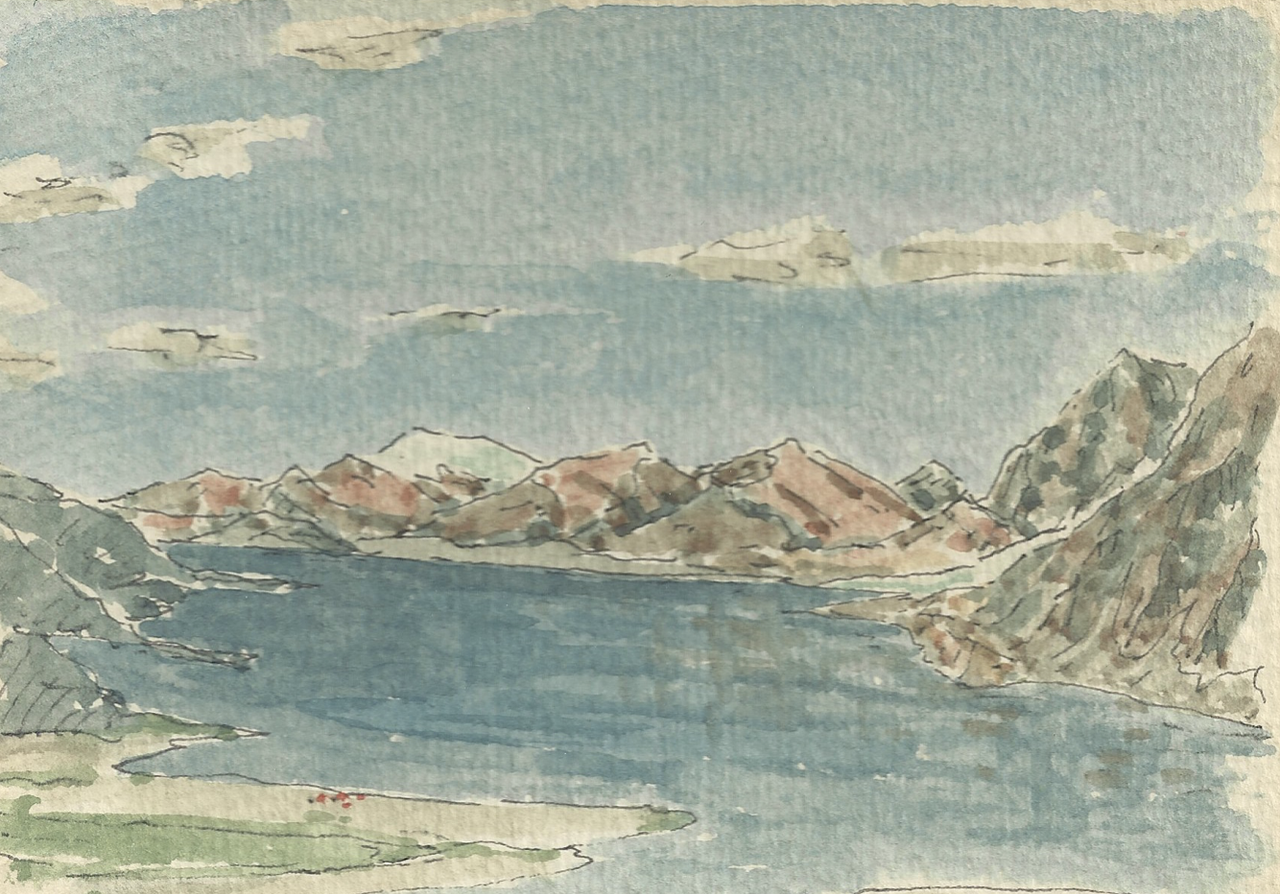 A watercolor painting (1988) by Yoshihide Ohta of Tanquary Fiord on Ellesmere Island. (Courtesy Marcia Bjornerud)