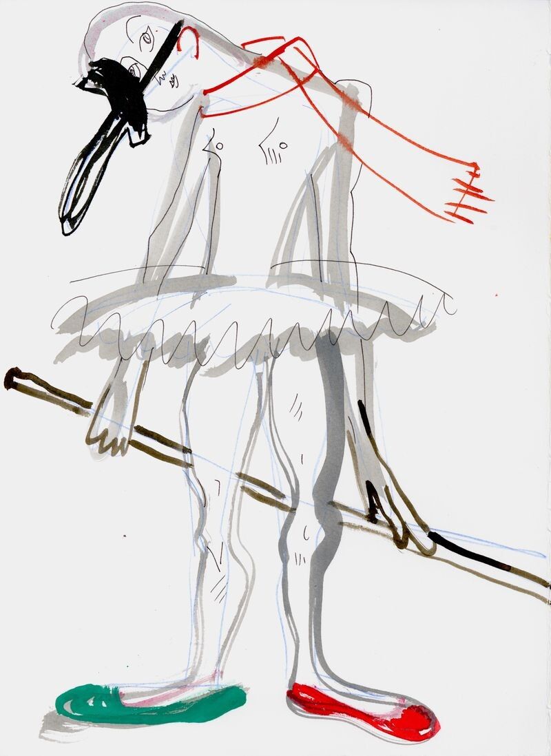 A sketch for Henrot’s Commedia dell’arte, Ink and watercolor on paper, 2025. (Copyright ADAGP/Courtesy Camille Henrot)