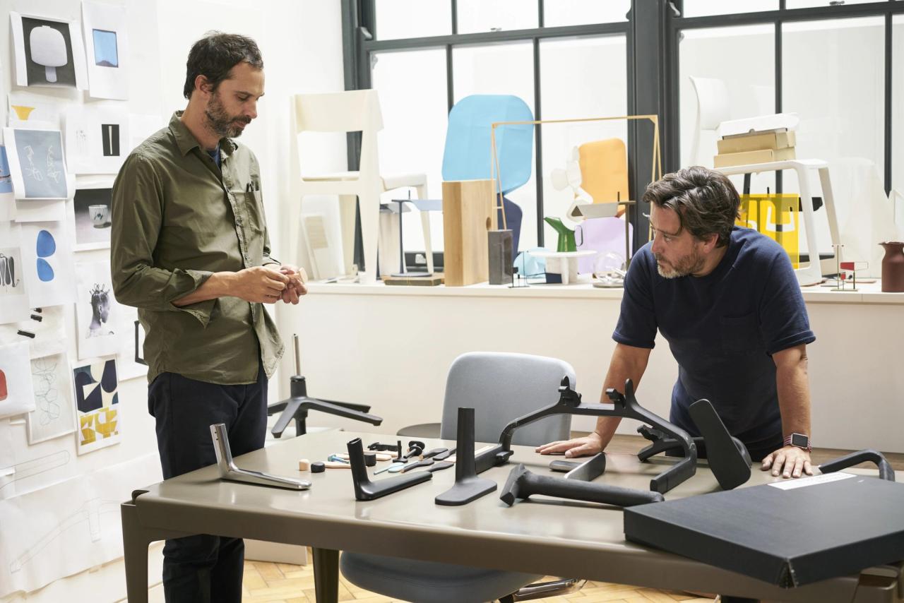 Barber, left, and Osgerby working on the Pacific chair for Vitra in their East London studio. (Courtesy Vitra)