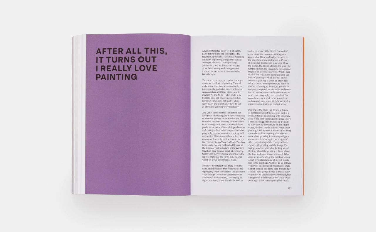 A spread from Open Questions: Thirty Years of Writing about Art (2023) by Helen Molesworth. (Courtesy Phaidon)