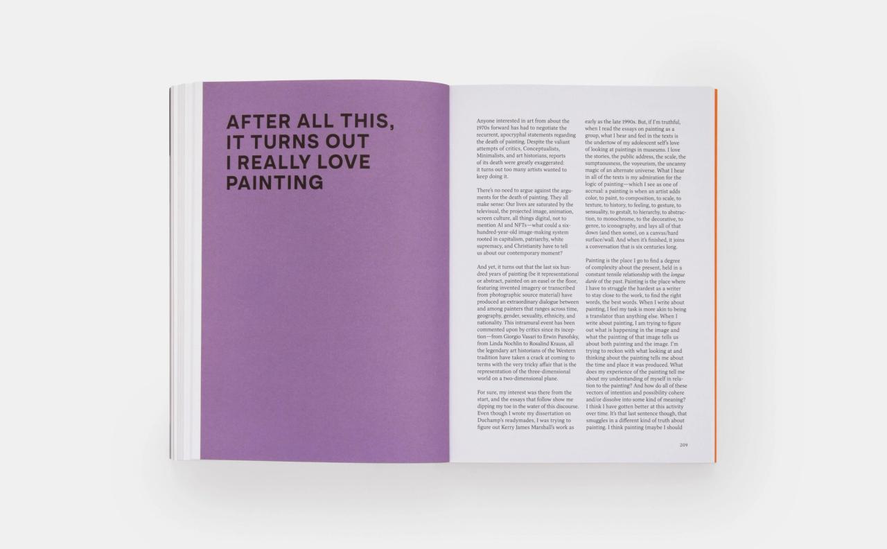 A spread from Open Questions: Thirty Years of Writing about Art (2023) by Helen Molesworth. (Courtesy Phaidon)