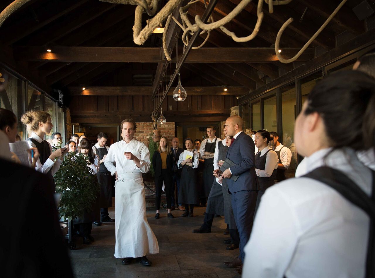 Barber at a front of house pre-service meeting at Blue Hill at Stone Barns. (Photo: Jade Nina Sarkhel. Courtesy Blue Hill)