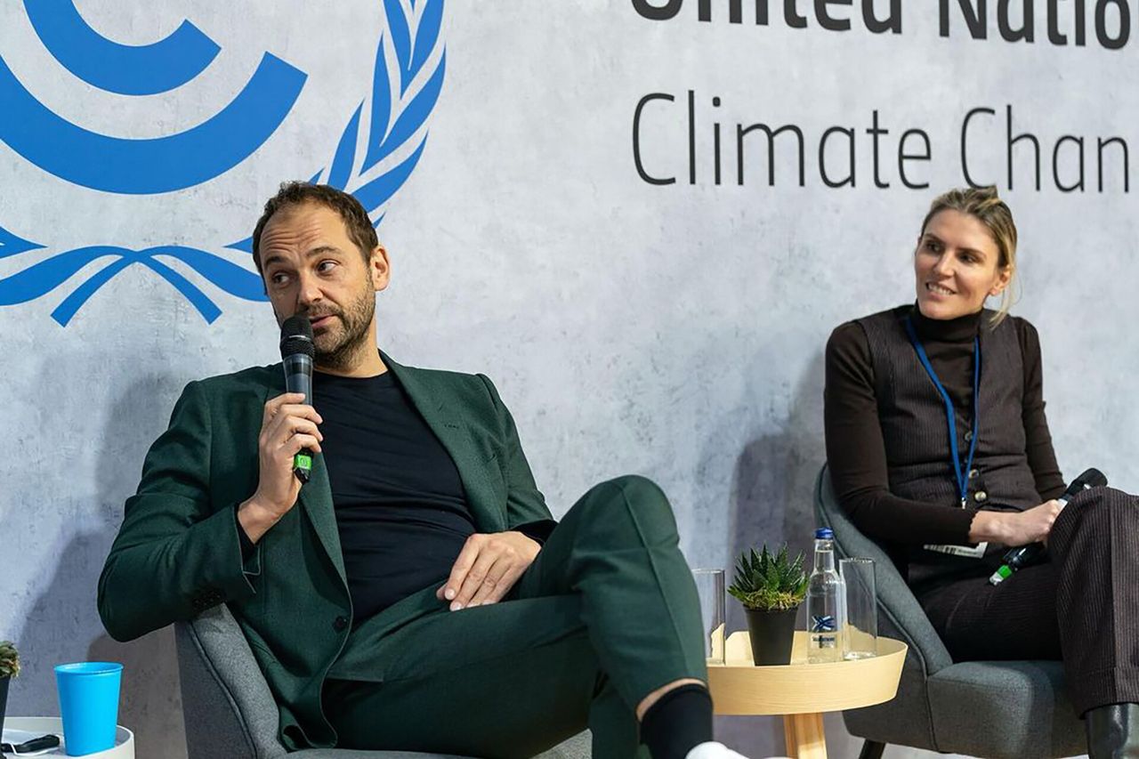 Humm and fashion designer Gabriela Hearst speaking at the 2021 United Nations Climate Change Conference (COP26). (Courtesy Daniel Humm)