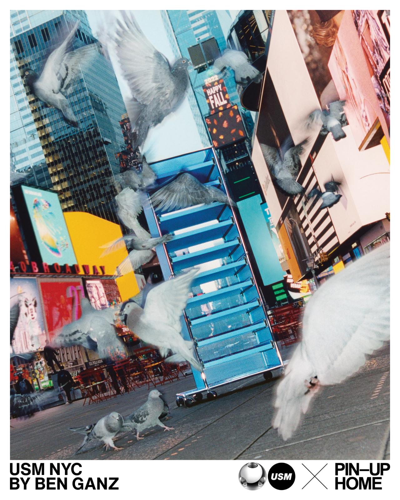 A campaign image for the limited-edition USM NYC modular towers in Uptown Blue, Soho Yellow, and Downtown Pink, designed for PIN–UP HOME BY creative director Ben Ganz. Originally designed in 1963 by Swiss architect and engineer Fritz Haller and Paul Schaerer. (Photo: Francesco Nazardo/Courtesy PIN–UP)